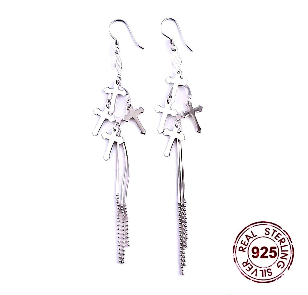Solid Sterling Silver 3 Strand Cross Tassel Earrings Chain Dangle Studs Antiqued S925 Boho Wedding Jewelry Simple Cross of Jesus Crucifix