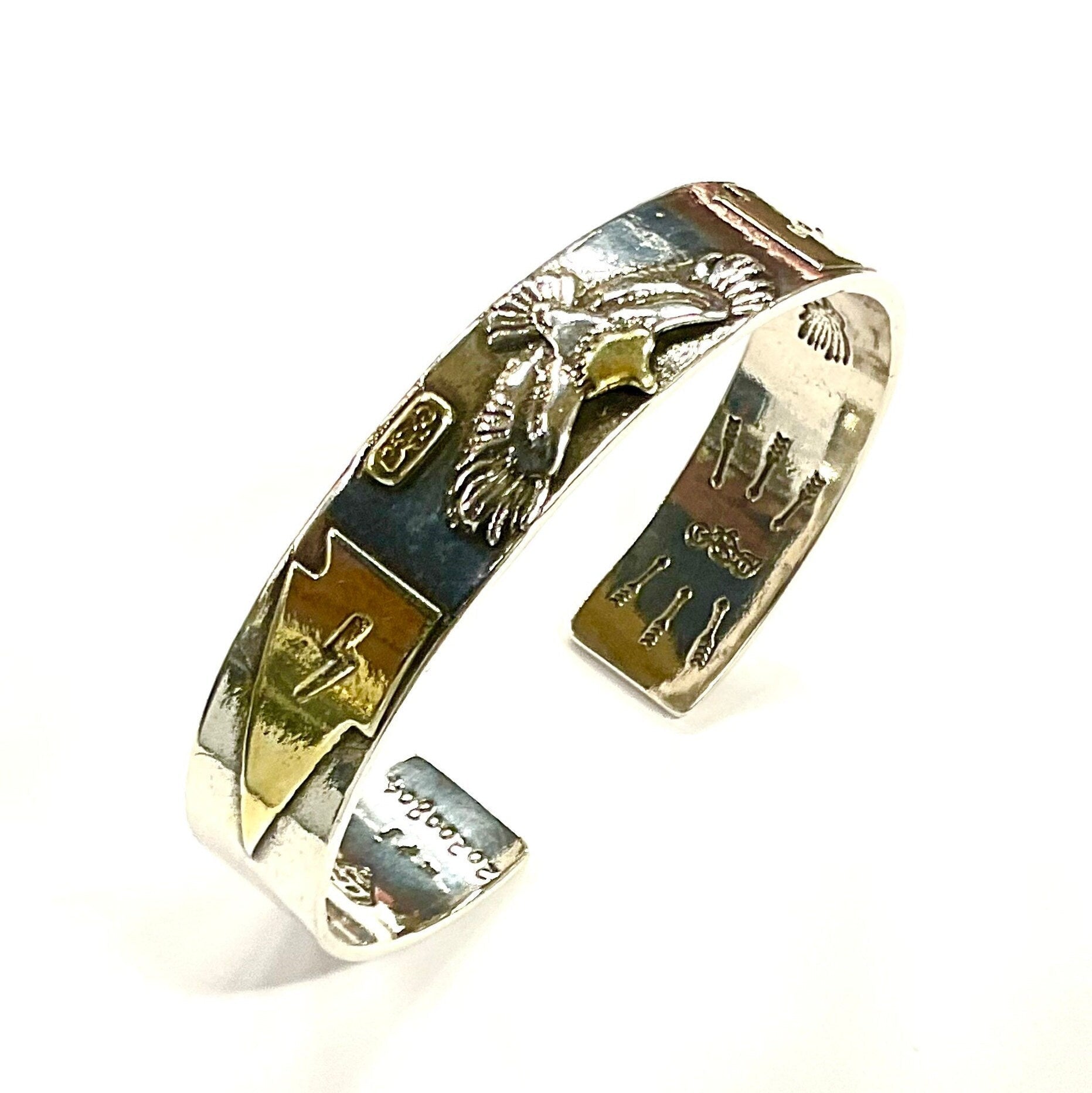 Mens Silver Eagle Biker Bracelet with Gold Trim Western Spirit Cast Raised American Eagle Bird for Men Bangle Cuff Heavy Jewelry