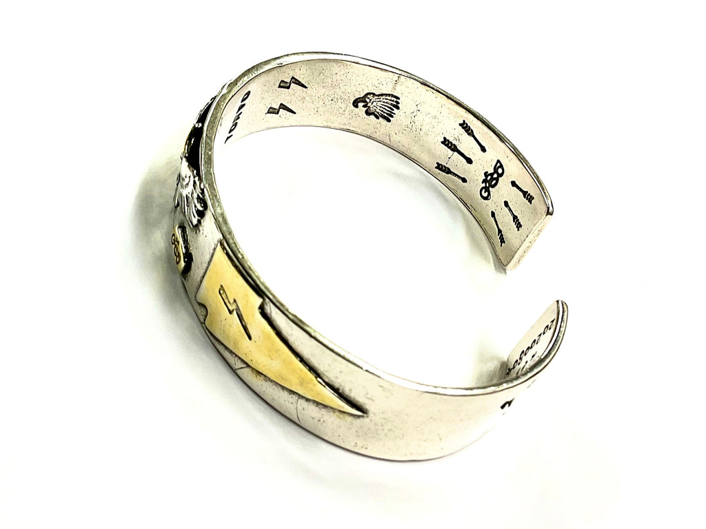Mens Silver Eagle Biker Bracelet with Gold Trim Western Spirit Cast Raised American Eagle Bird for Men Bangle Cuff Heavy Jewelry
