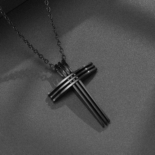 All Black 3 Bar cross necklace waterproof triple layer light weight stainless steel chain