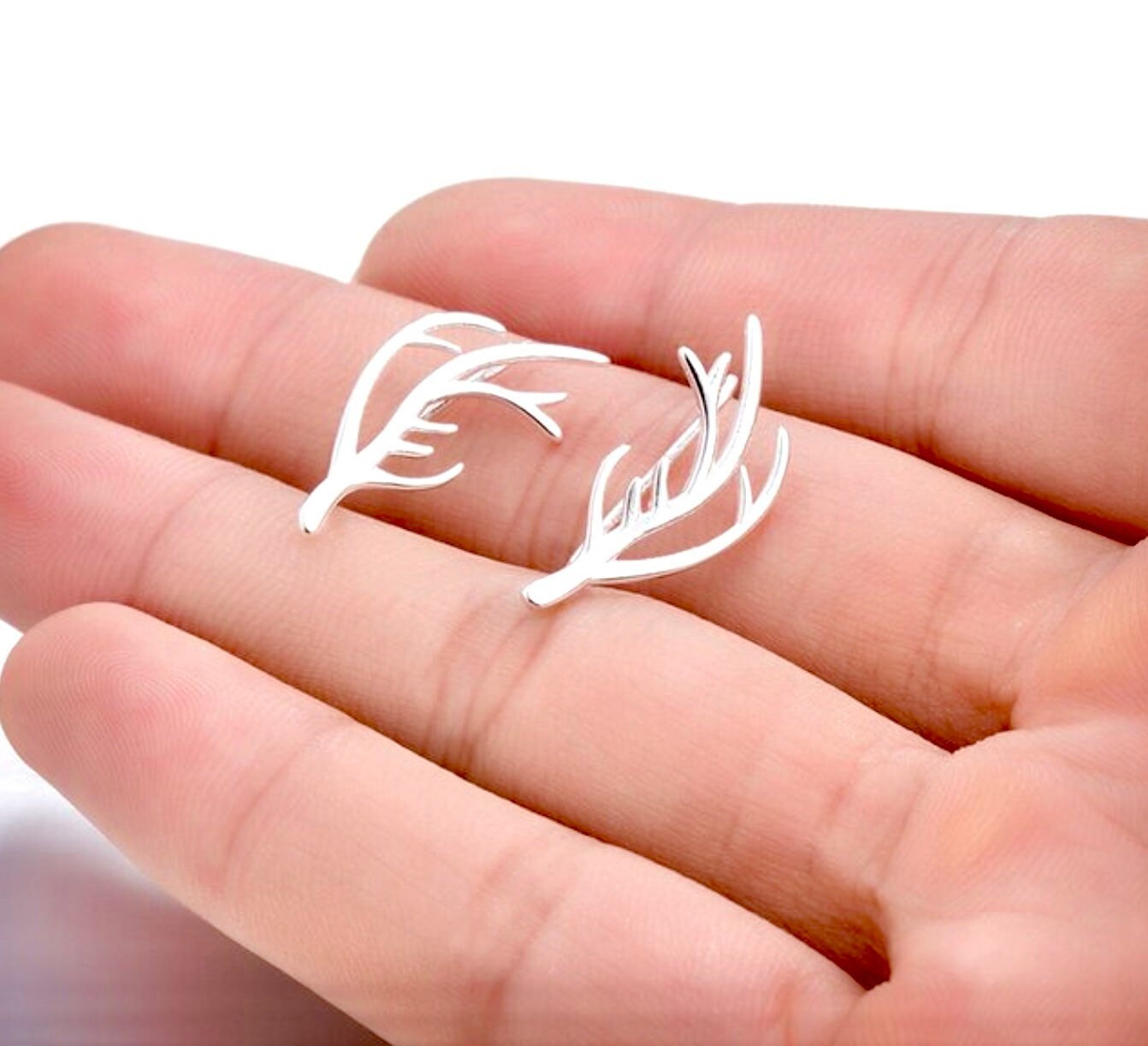 Silver Elk Deer Antlers Earrings Sideways Ear Climber Stud Hikers Wanderlust Bikers Minimalist Stainless Steel Hypoallergenic Outdoor Enthusiasts