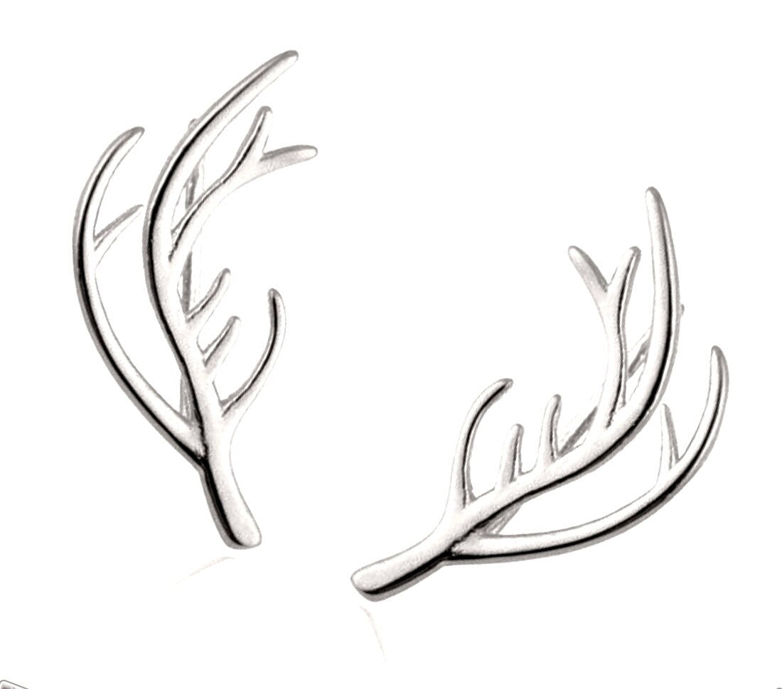 Silver Elk Deer Antlers Earrings Sideways Ear Climber Stud Hikers Wanderlust Bikers Minimalist Stainless Steel Hypoallergenic Outdoor Enthusiasts