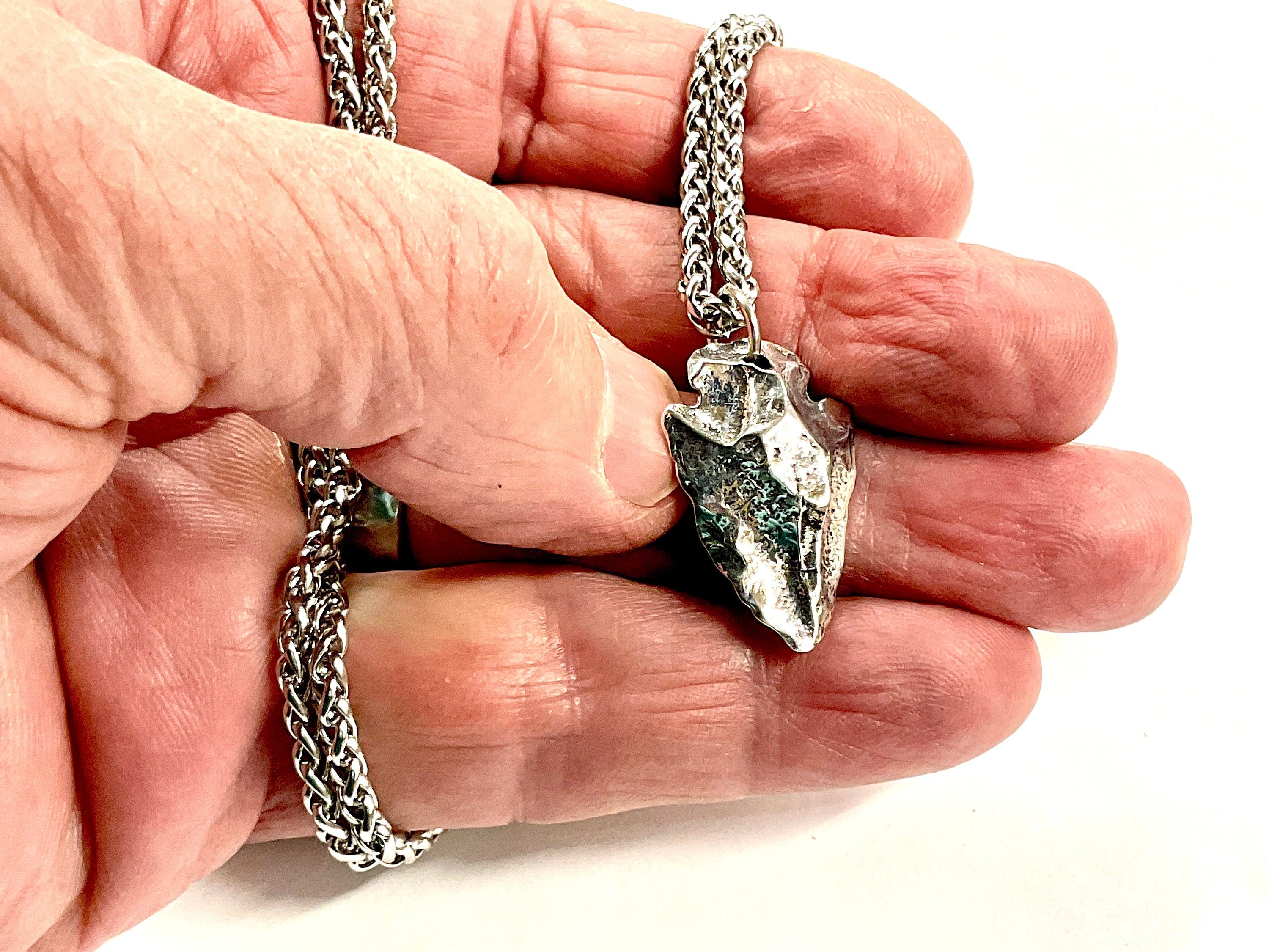 Solid Sterling Silver Forged Viking Arrow Head Pendant S925 Stamp Accent Necklace for Men Old World Silver Super Box Chain
