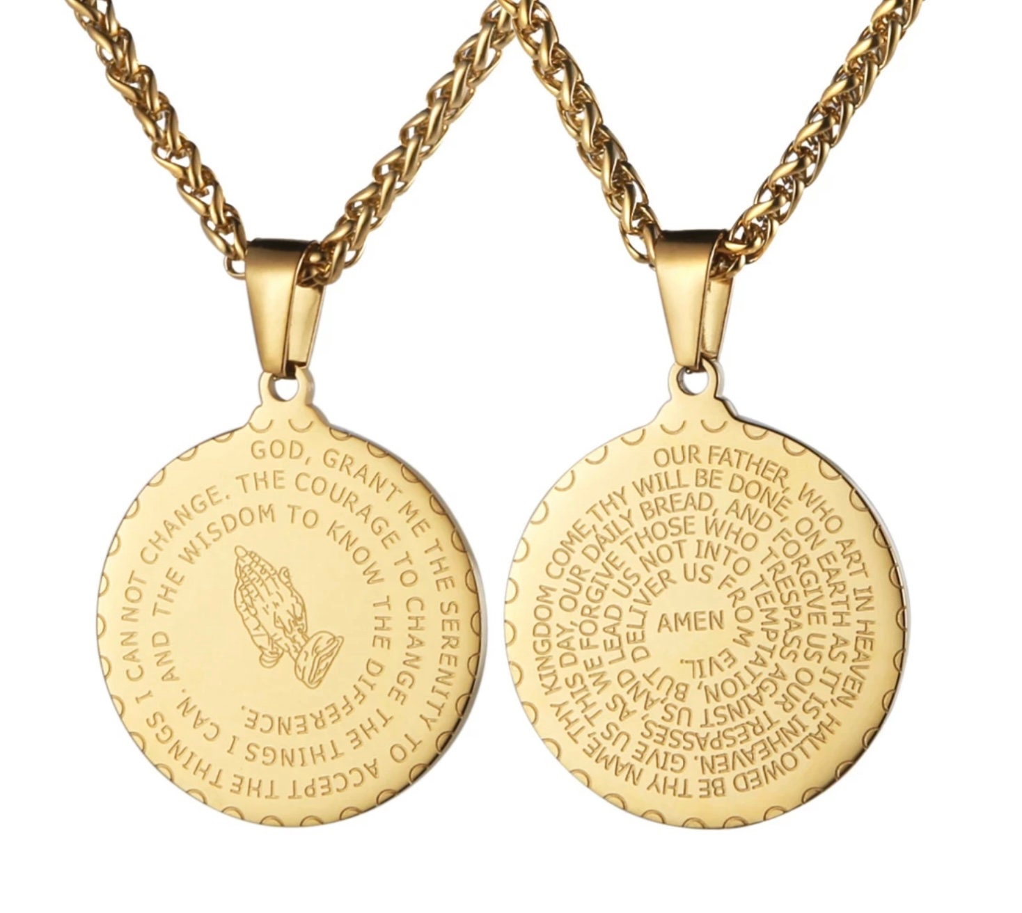 Spiral serenity prayer necklace round our father medal lord's prayer serene bible verse prayer hands jerusalem stainless 12 step AA