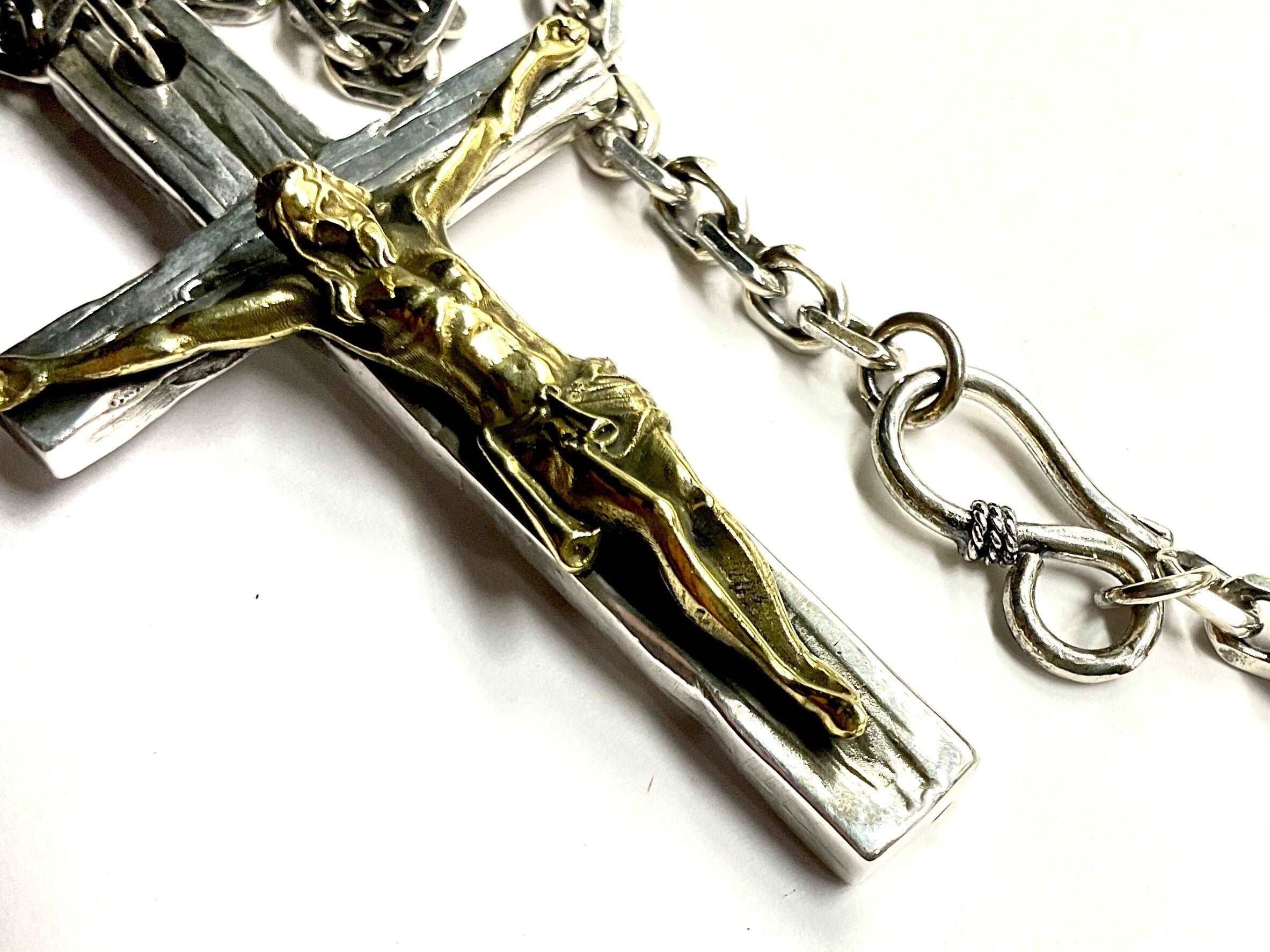 Heavy Solid Silver Cross Necklace with Contrasting Brass Crucifix Solid Sterling Silver Chain S925 for Men Catholic Orthodox