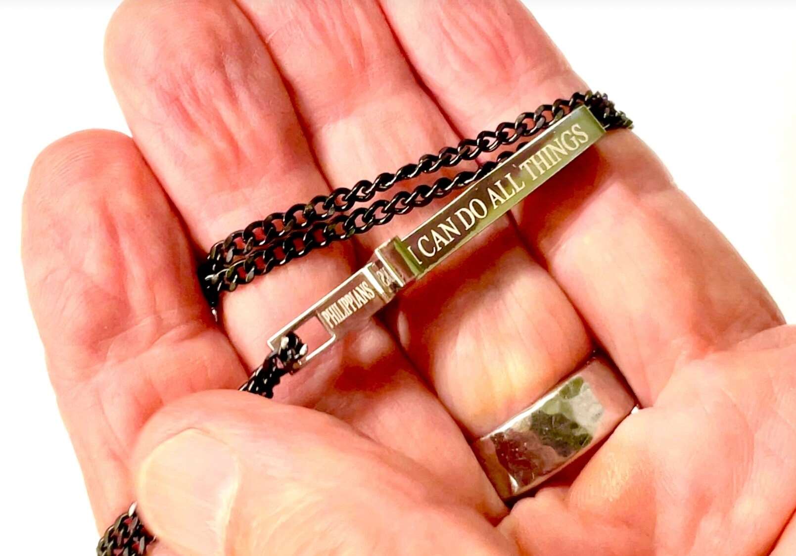 Black Inlay Silver Cross Necklace for Men or Women I Can Do All Things Philippians 4:13 Stainless Steel Religious San Benito 2
