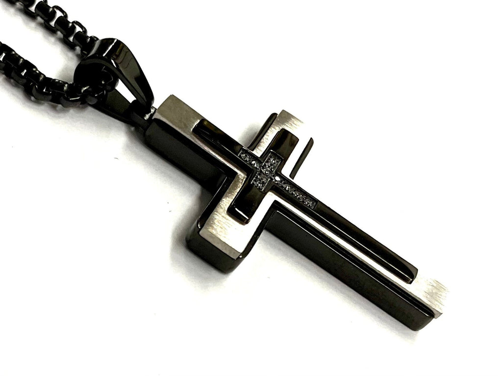 Medium Black Gothic Crucifix Cross Catholic Necklace for Men Black Jesus Gold Stainless Steel Box Chain Jewelry Boys Jewellery
