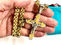 Scrolled Cross Crucifix Necklace with Byzantine Chain Stainless Steel Gothic Silver Gold Heavy Catholic Waterproof Jewelry